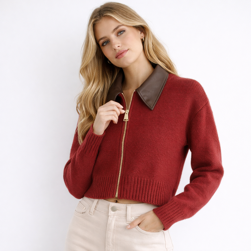 Strikkecardigan med skinnlook-krage – toveis glidelås, myk &amp; vintage-inspirert (høst/vinter)