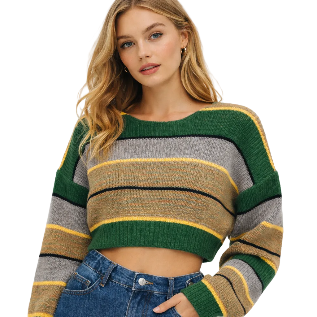Y2K Strikkegenser for Dame – Stripete &amp; Tykk Pullover | Trendy E-girl Høst/Vinter 2025 – Grønn