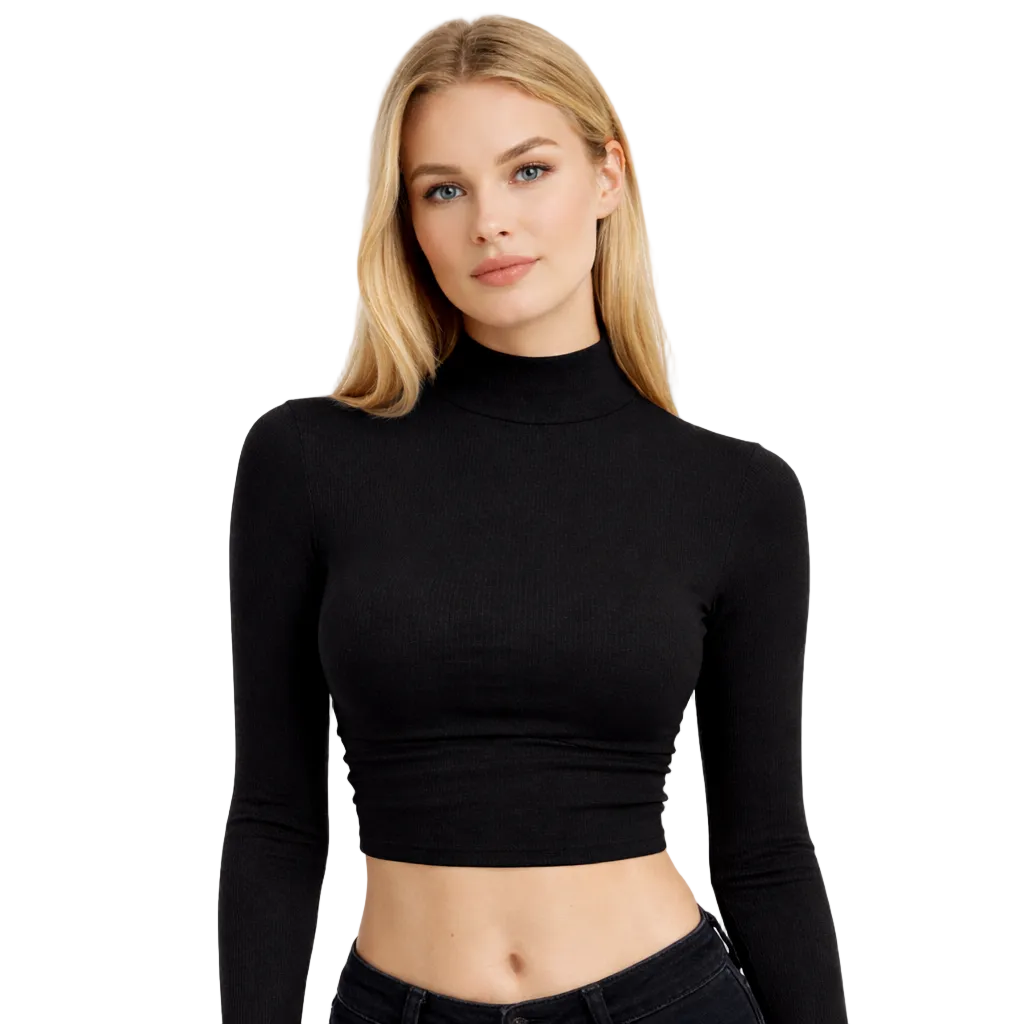 Dame Cropped Topp – Tettsittende Ribbestrikket Pologenser med Lange Ermer – Svart