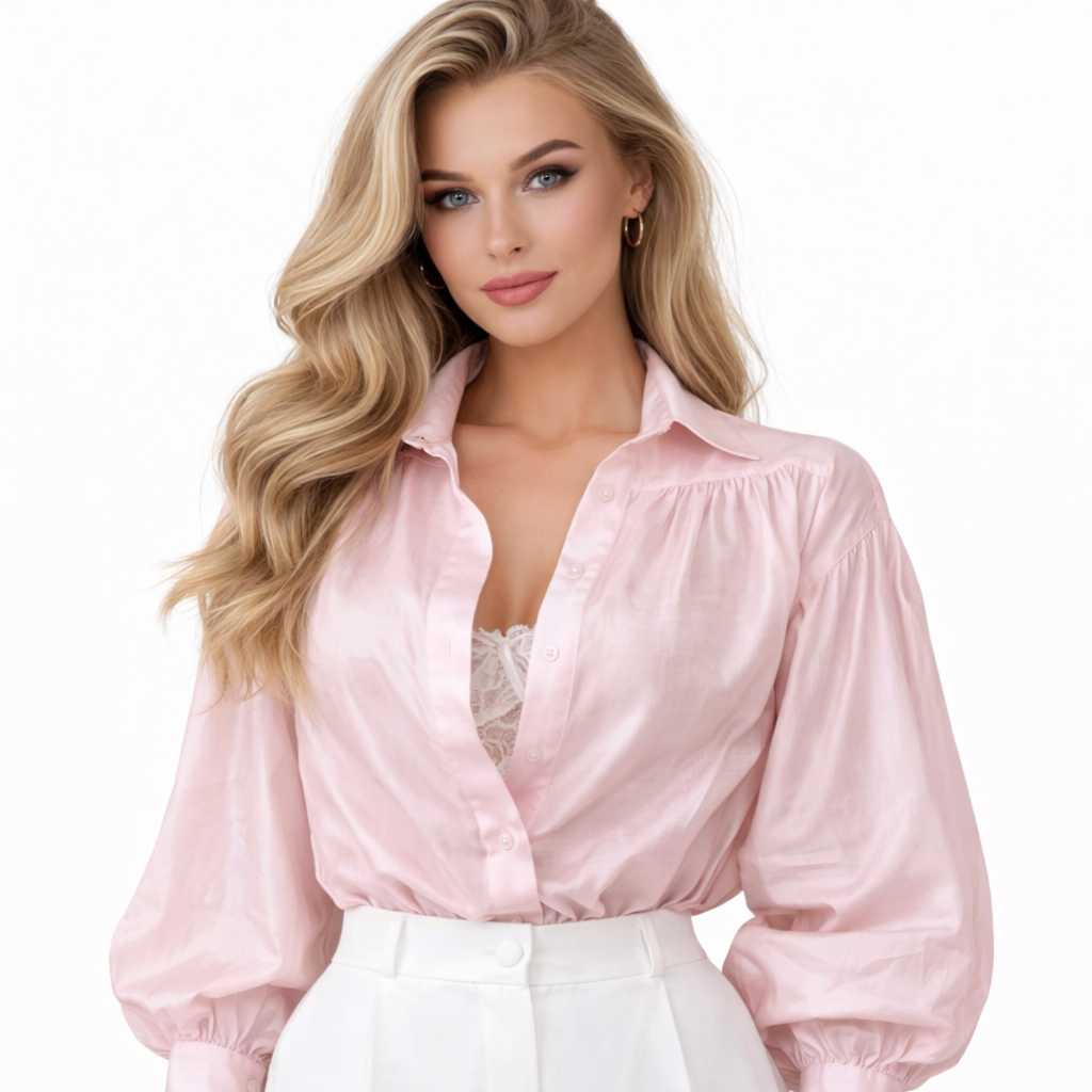 Elegant Skjorte for Dame – Løs Passform med Krage og Klokkeermer | Perfekt til Kontor og Hverdag – Rosa