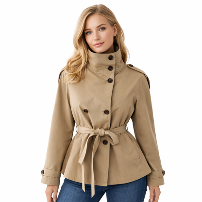 Kort Trenchcoat for Dame – Elegant Dobbelspent Jakke med Belte i Midjen og Ståkrage | Trendy Høstjakke