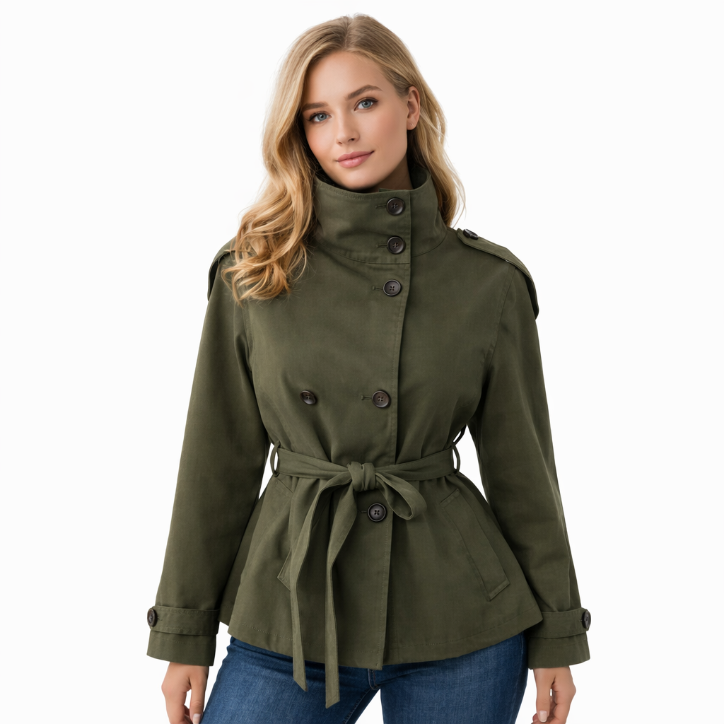 Kort Trenchcoat for Dame – Elegant Dobbelspent Jakke med Belte i Midjen og Ståkrage | Trendy Høstjakke