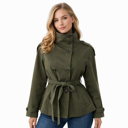 Kort Trenchcoat for Dame – Elegant Dobbelspent Jakke med Belte i Midjen og Ståkrage | Trendy Høstjakke