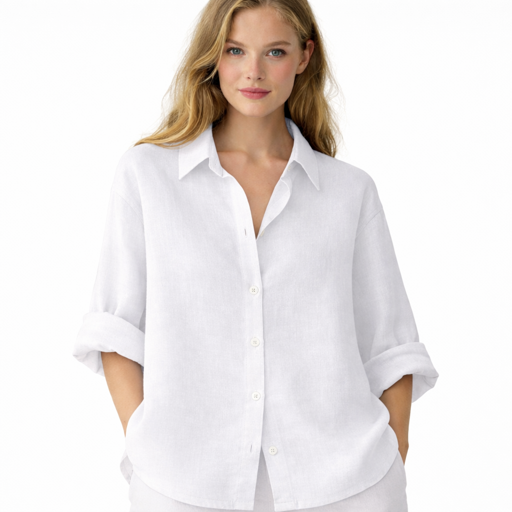 Hvit Linbluse for Dame – Elegant Oversized Skjorte i Bomull og Lin | Vårens Klassiske Basic med Krage