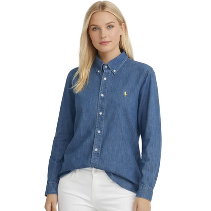 Vintage-inspirert denimskjorte med krystallbroderi – amerikansk look, avslappet passform – Blå