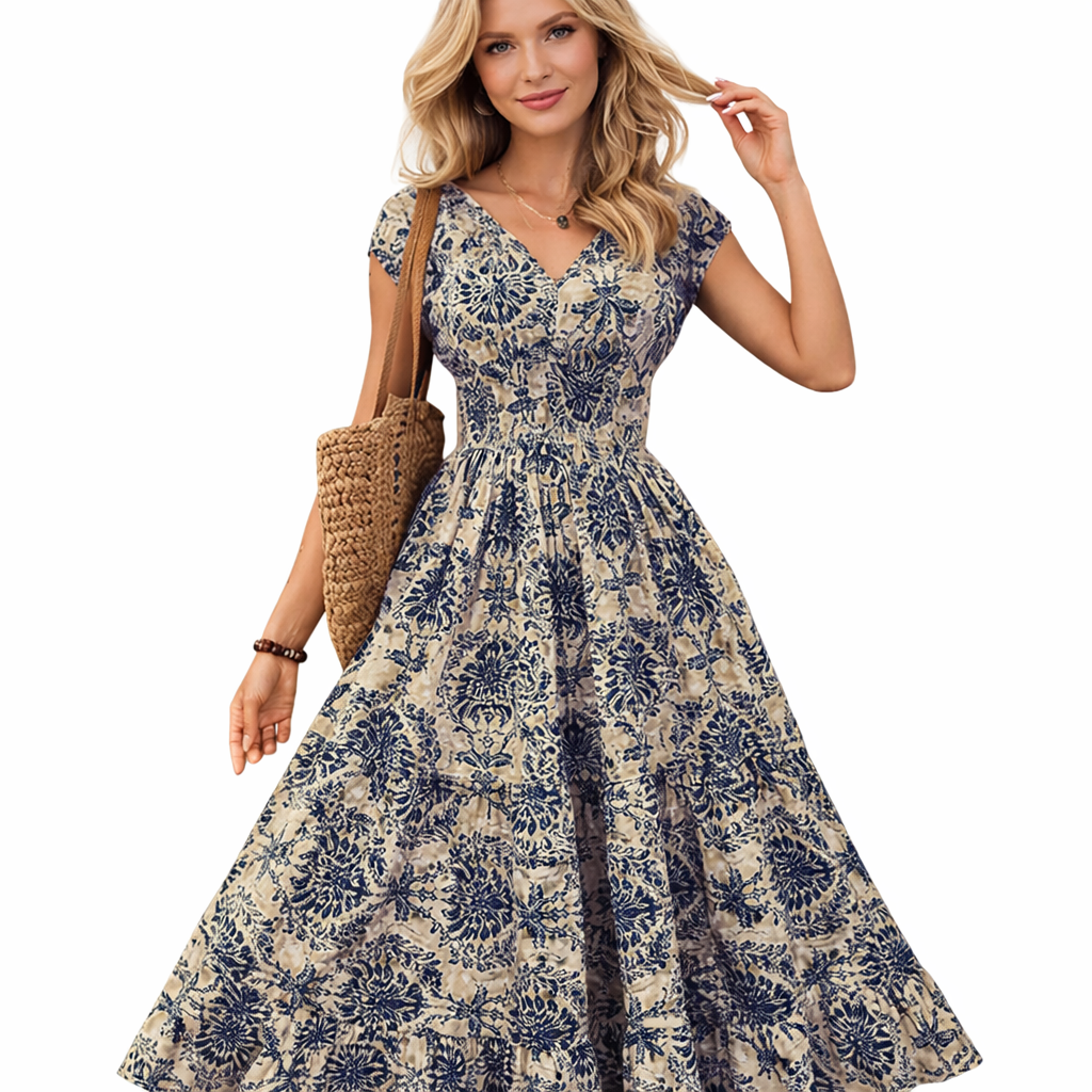 Retro Sommerkjole med Print – Elegant V-hals &amp; Korte Ermer (Komfortabel Hverdagskjole)