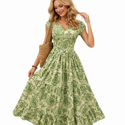 Retro Sommerkjole med Print – Elegant V-hals &amp; Korte Ermer (Komfortabel Hverdagskjole) – Grønn