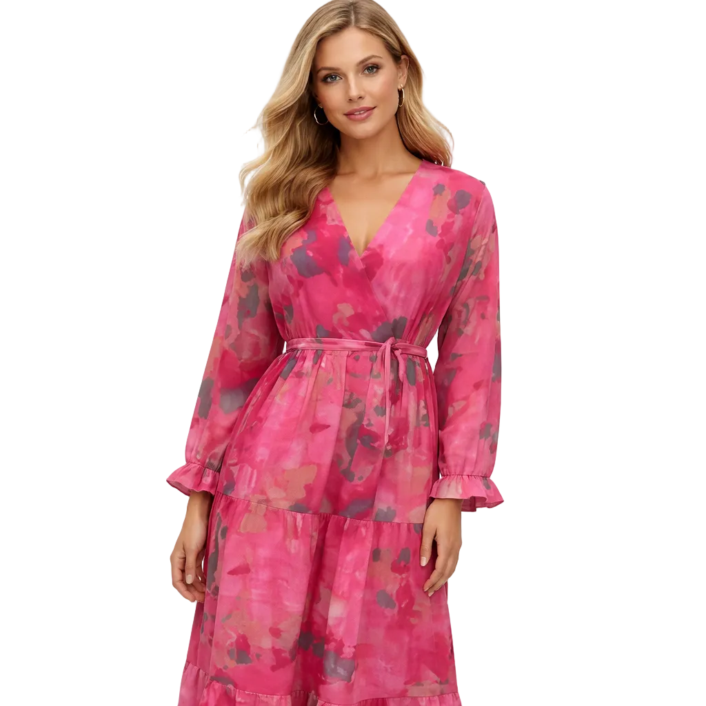 Blomstret Boho Maxikjole med Lange Ermer – V-hals, Høy Midje og Belte (Vår/Sommer) – Rosarød