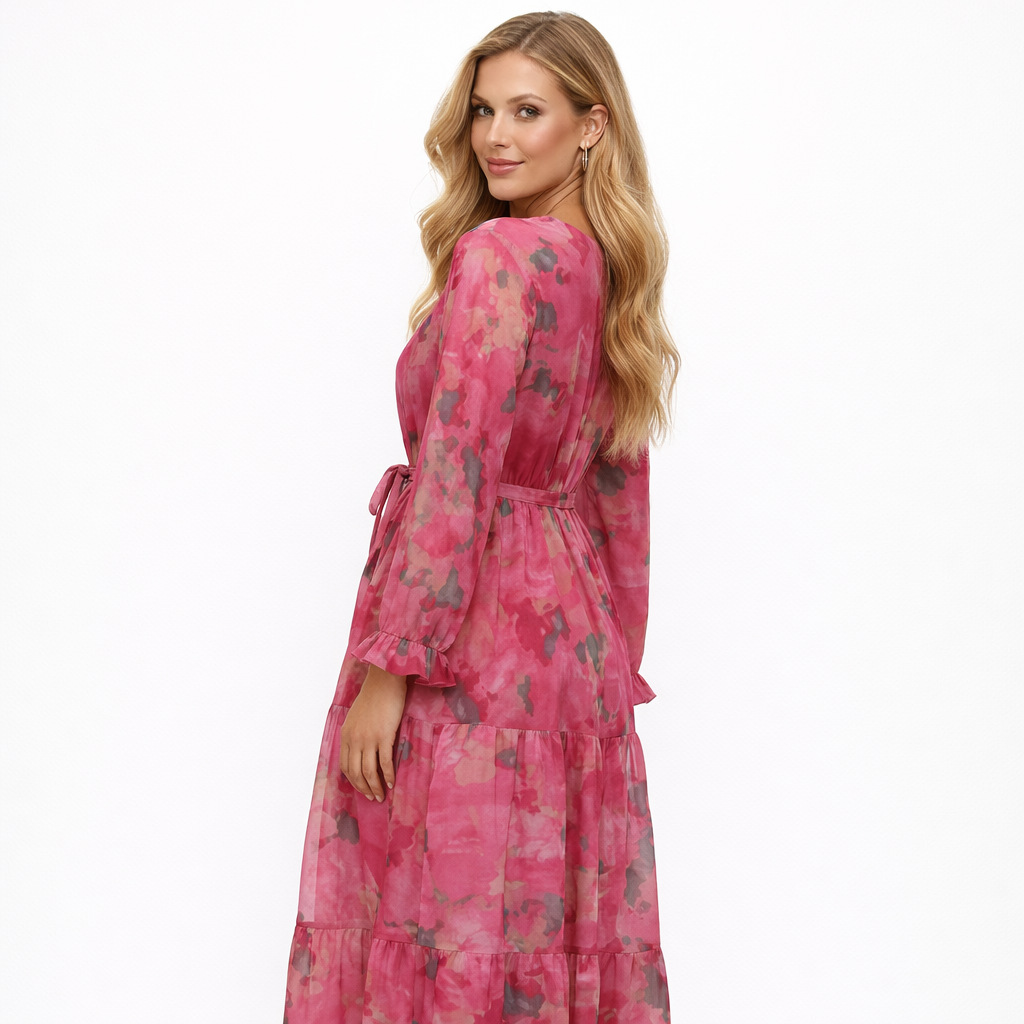 Blomstret Boho Maxikjole med Lange Ermer – V-hals, Høy Midje og Belte (Vår/Sommer)