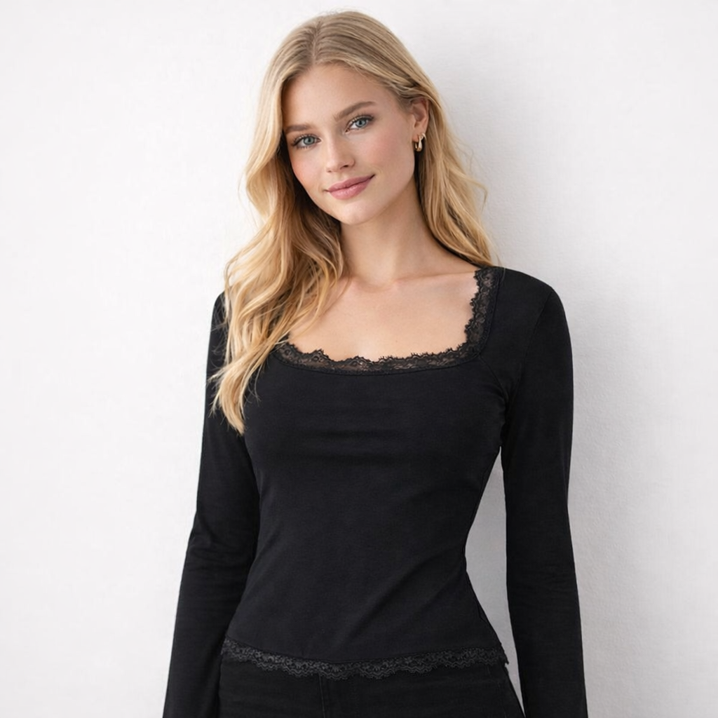 Trendy Kvadratisk Hals Topp med Blondekant – Langermet Slim Fit