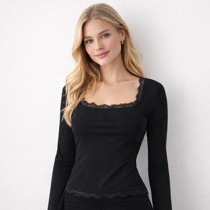 Trendy Kvadratisk Hals Topp med Blondekant – Langermet Slim Fit