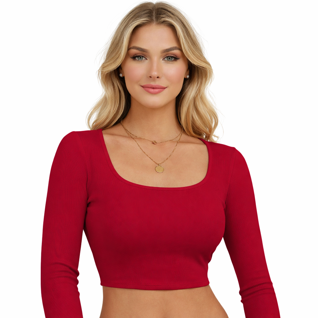 Cropped Langermet T-skjorte med Kvadratisk Hals – Trendy &amp; Komfortabel