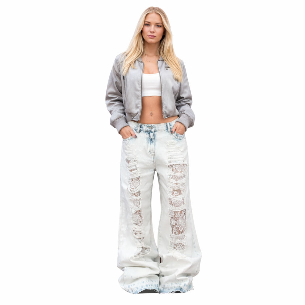 Lyseblå Ripped Jeans for Dame – Høyt Liv &amp; Løs Passform | Vintage Straight Fit Denim i Y2K Street-stil