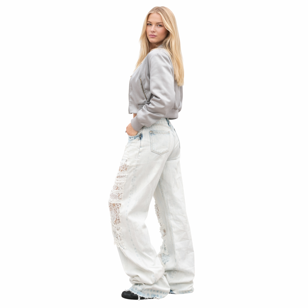 Lyseblå Ripped Jeans for Dame – Høyt Liv &amp; Løs Passform | Vintage Straight Fit Denim i Y2K Street-stil – Beige