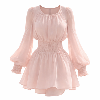 Elegant sommerkjole med puff-ermer – Off Shoulder mini-kjole i chiffon