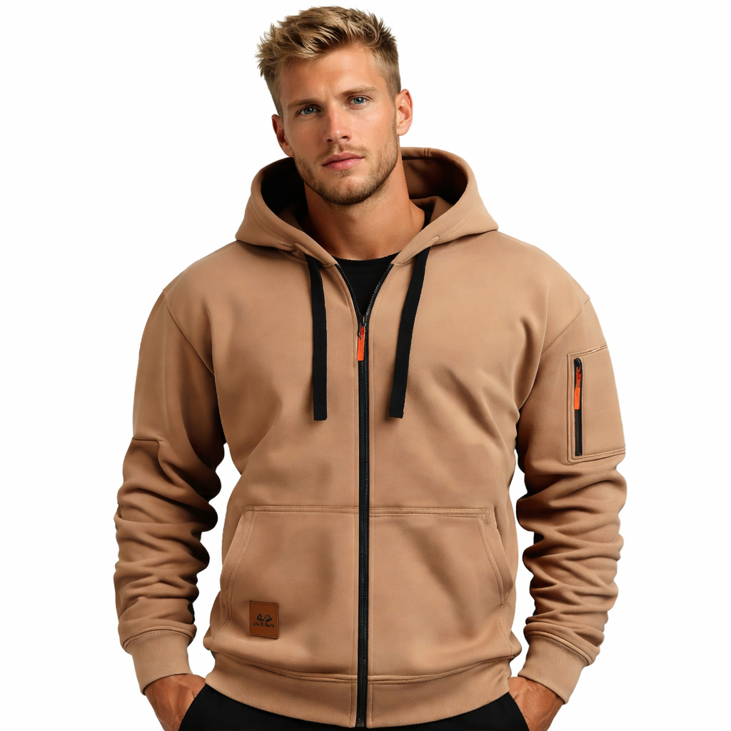 Sporty Hettejakke for Menn – Ensfarget Treningsjakke med Glidelåslommer | Komfortabel Tracksuit til Fritid og Utendørsbruk – Svart