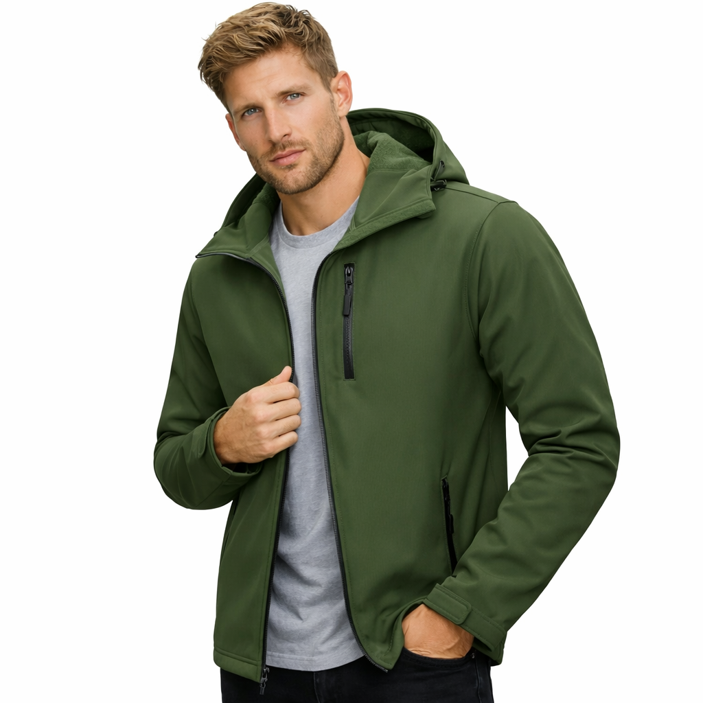 Softshell Jakke med Hette – Vanntett &amp; Vindtett | Herrejakke med Fleecefôr til Friluft &amp; Arbeid
