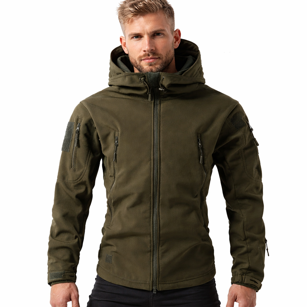 Vanntett Softshell Jakke for Menn – Varm og Vindtett Turjakke med Hette | Perfekt til Fiske, Jakt, Ski og Friluftsliv – Svart jakke