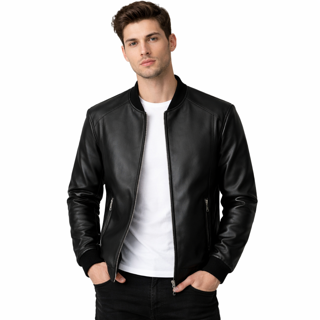 Svart PU Skinnjakke for Menn – Koreansk Bikerstil i Slim Passform | Trendy Baseball-inspirert Jakke (Opptil 8XL) – Oransje