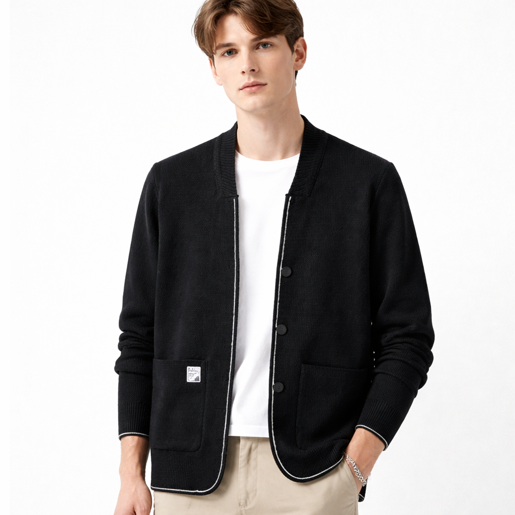 Herre Cardigan – Strikket Ensfarget Jakke | Koreansk Casual med Sjal-krage &amp; Lommer – Svart