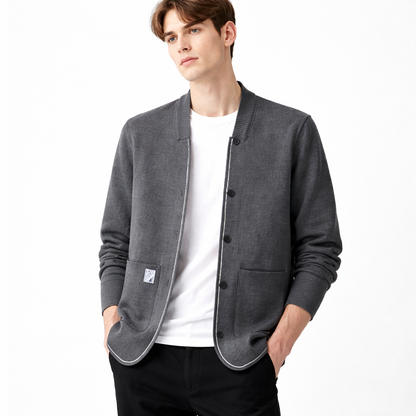Herre Cardigan – Strikket Ensfarget Jakke | Koreansk Casual med Sjal-krage &amp; Lommer