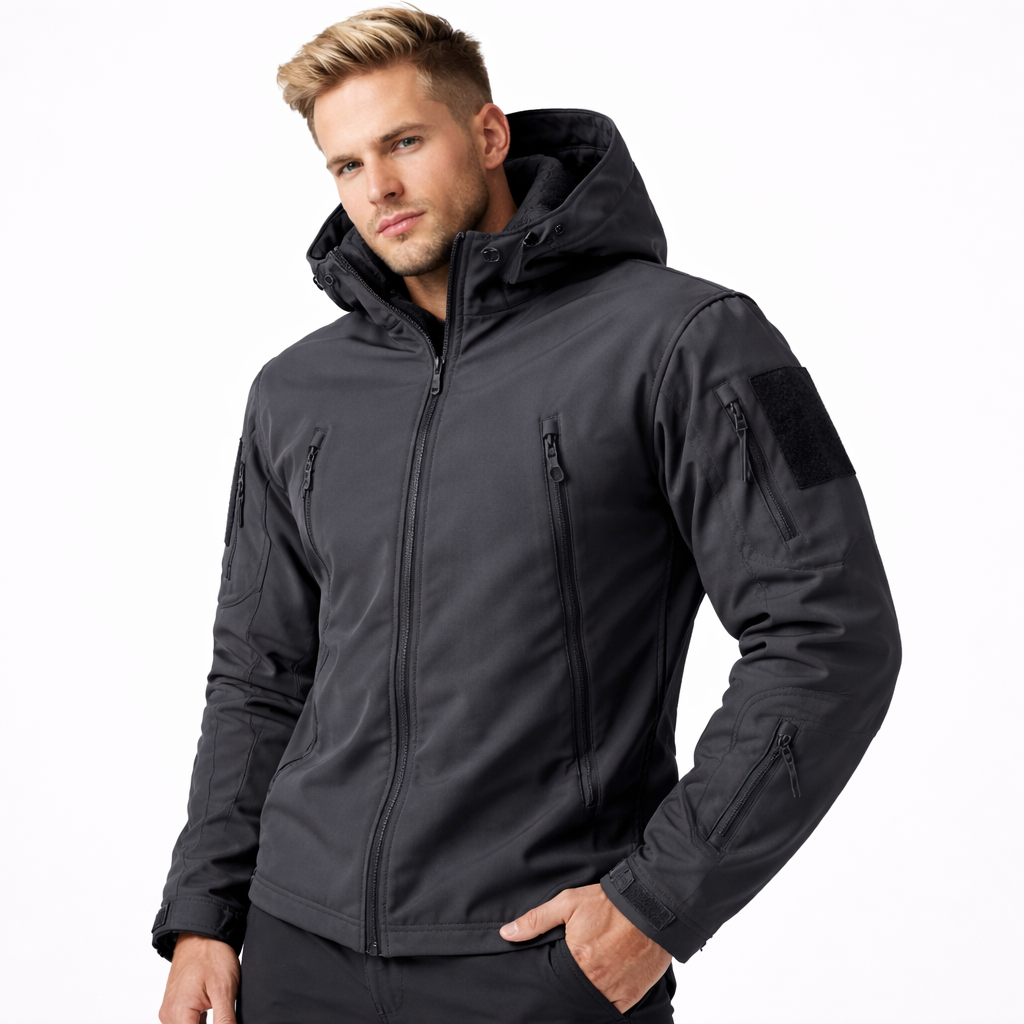 Softshell Taktisk Jakke – Vanntett &amp; Vindtett med Fleecefor | Herre Camouflage Hettejakke til Jakt &amp; Friluft – Mørkegrå