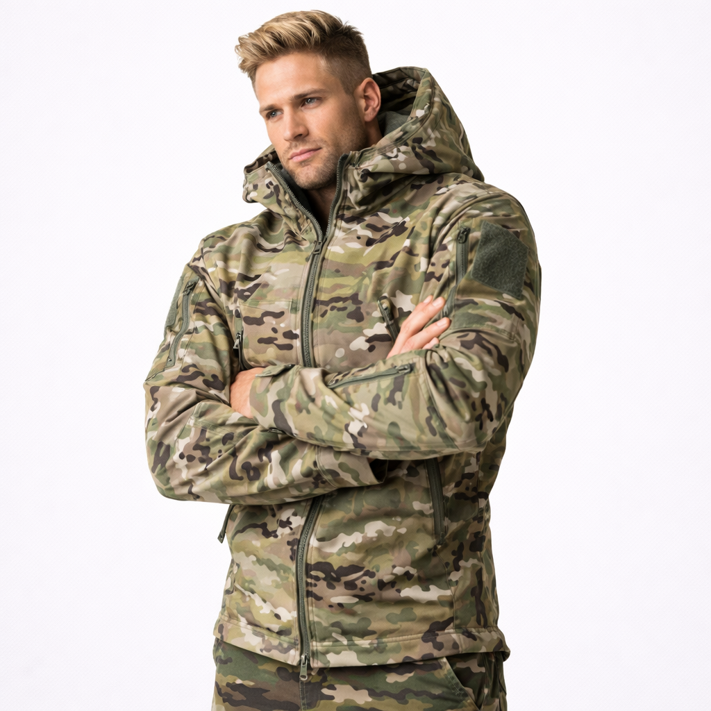 Softshell Taktisk Jakke – Vanntett &amp; Vindtett med Fleecefor | Herre Camouflage Hettejakke til Jakt &amp; Friluft