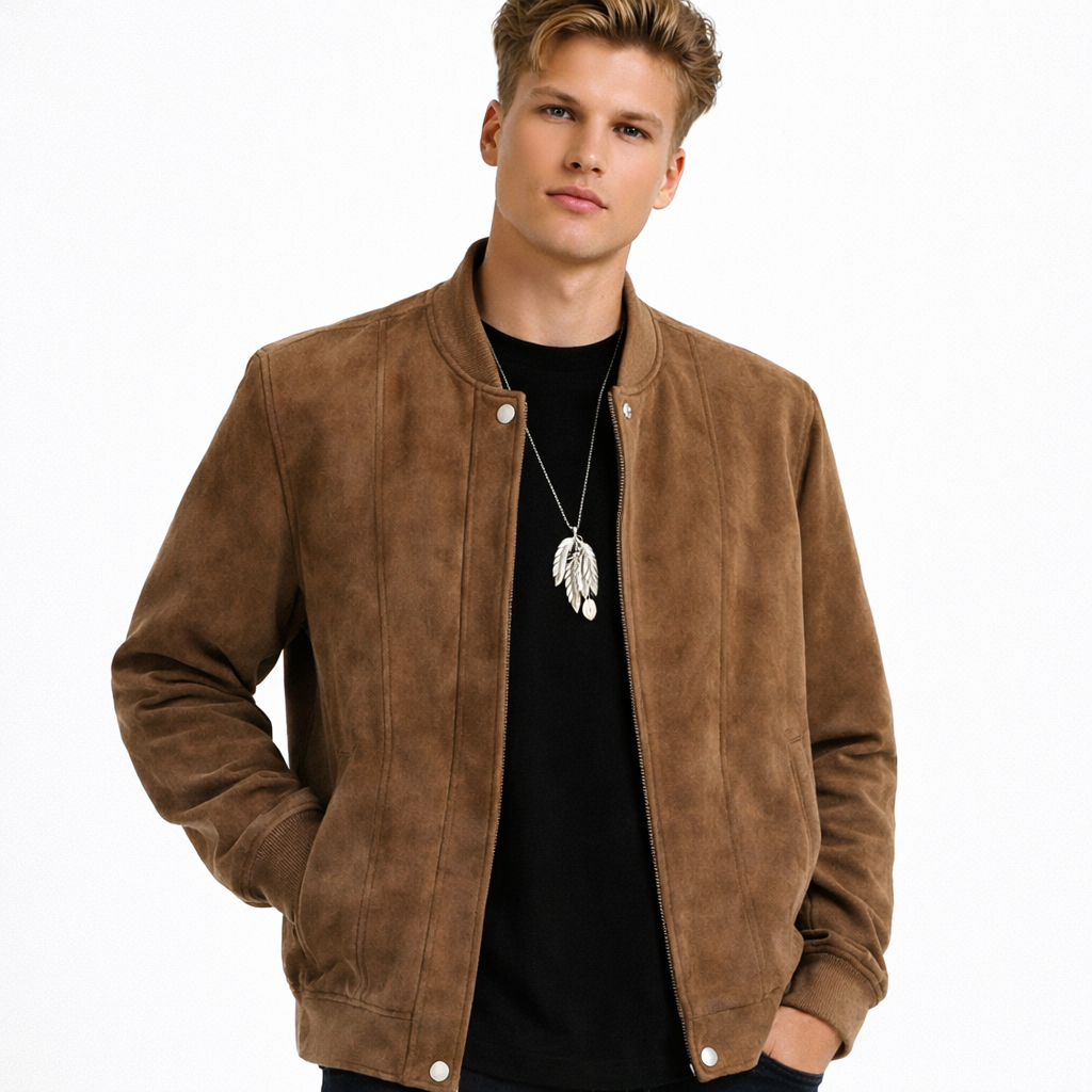 Herrejakke i Semsket Skinn – Retro Bomber med Baseball-krage | Slim Fit &amp; Streetwear