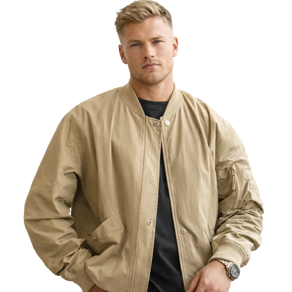 Herre Bomberjakke – Khaki MA-1 Flight Jacket | Klassisk Pilotstil med Baseballkrage – Khaki