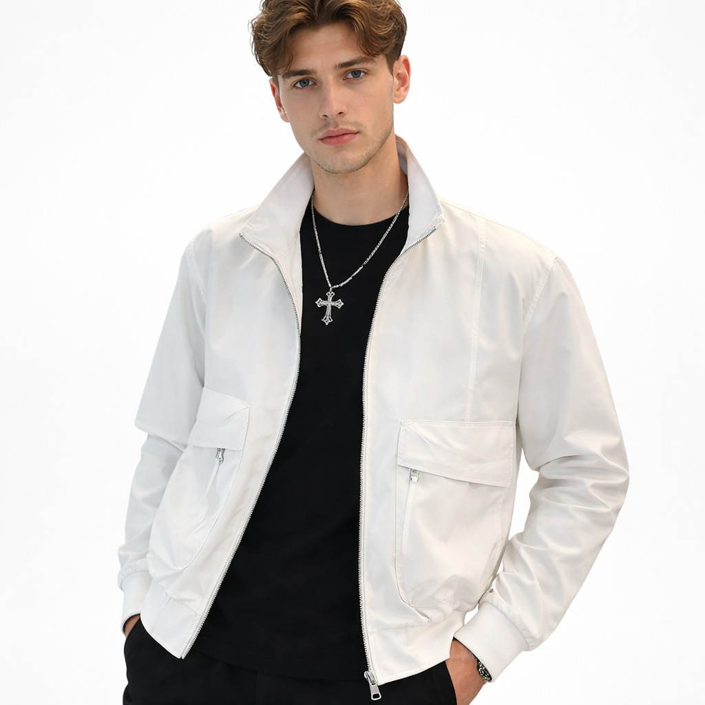 Herrejakke – Slim Fit &amp; Ensfarget | Trendy Harajuku-inspirert Vinterjakke 2024 – Hvit Jakke