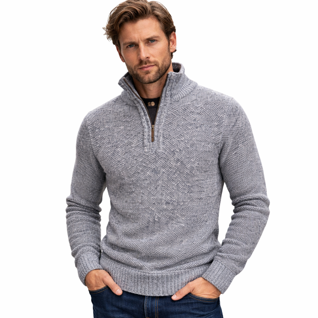 Strikkegenser for Menn – Tykk Høst/Vinter Genser med Glidelås og Høy Hals | Slim Fit &amp; Ensfarget Elegant Design – Kaffe