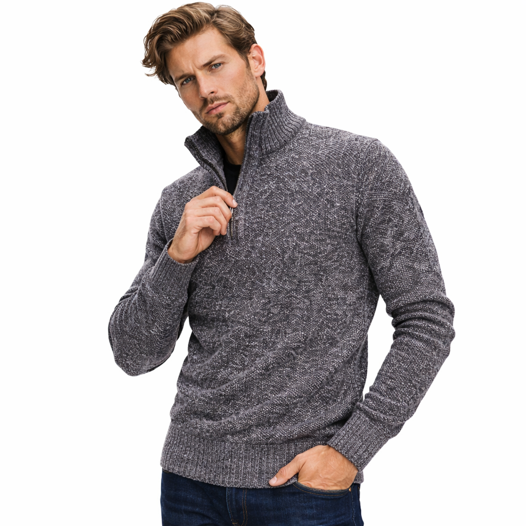 Strikkegenser for Menn – Tykk Høst/Vinter Genser med Glidelås og Høy Hals | Slim Fit &amp; Ensfarget Elegant Design