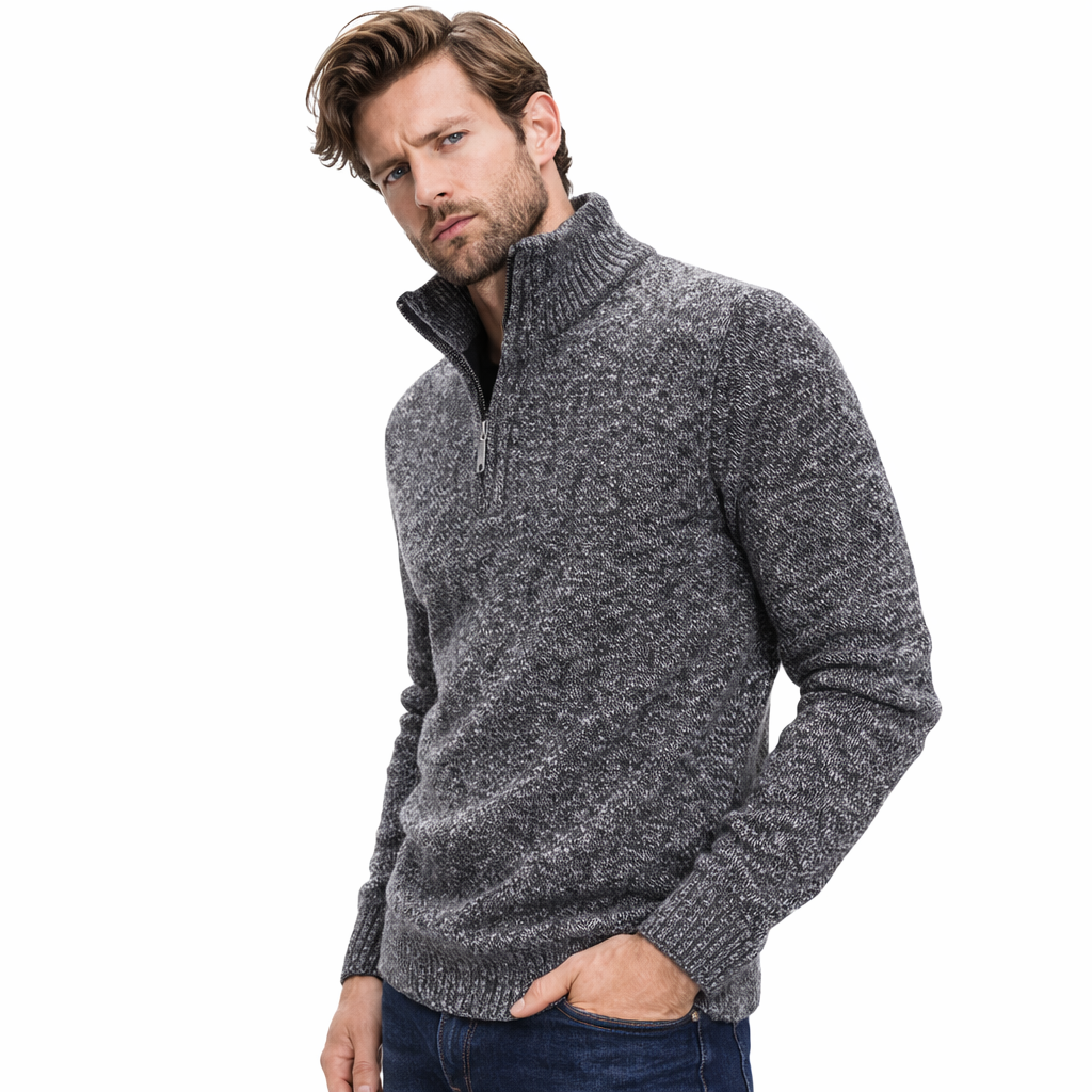 Strikkegenser for Menn – Tykk Høst/Vinter Genser med Glidelås og Høy Hals | Slim Fit &amp; Ensfarget Elegant Design