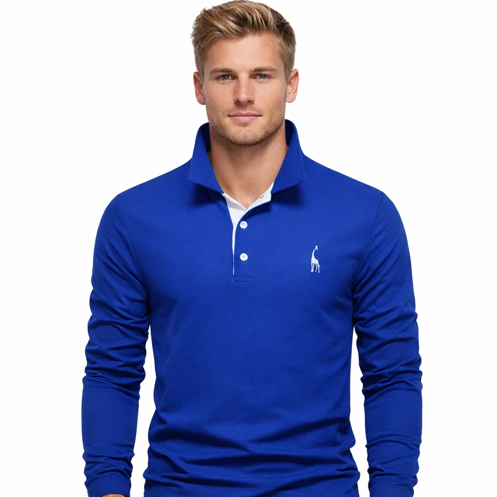 Langermet Pique Skjorte for Herre – Ensfarget med Brodert Hjort, Perfekt for Vår og Business Casual – Blå
