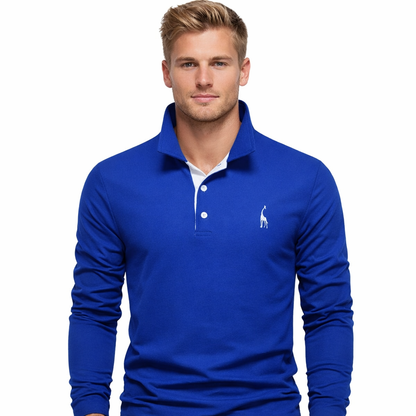 Langermet Pique Skjorte for Herre – Ensfarget med Brodert Hjort, Perfekt for Vår og Business Casual – Blå