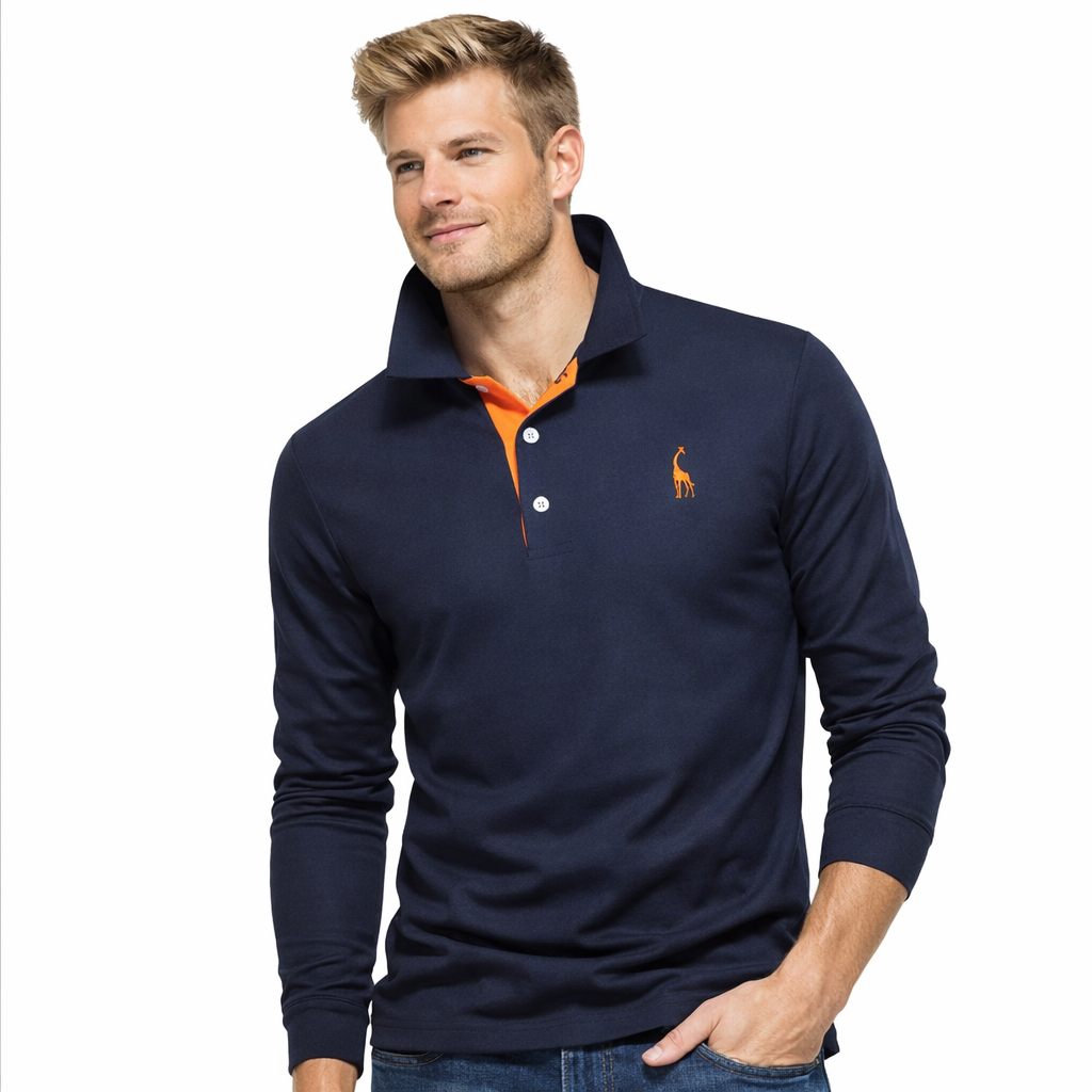 Langermet Pique Skjorte for Herre – Ensfarget med Brodert Hjort, Perfekt for Vår og Business Casual