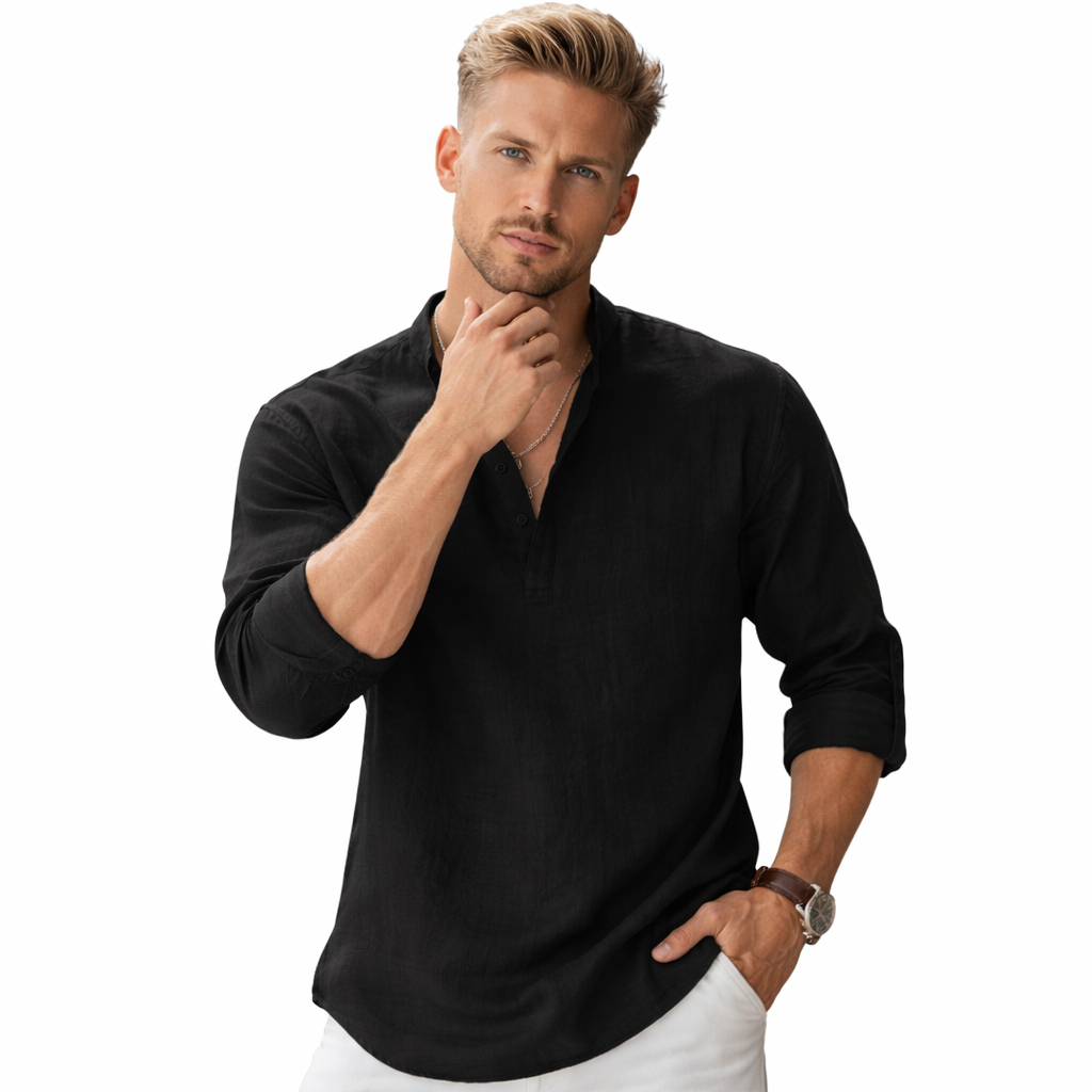 Lett Langermet Herreskjorte i Bomull og Lin – Pustende Henley-skjorte til Strand og Sommer