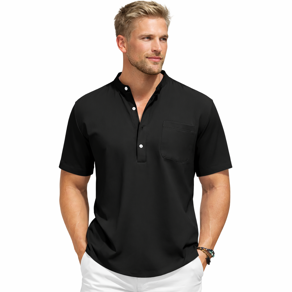 Sommerlig Herreskjorte med Kort Erm – Avslappet Henley Stil i Bomull med Lommer – Svart