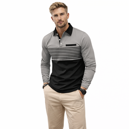 Langermet Polo for Menn – Business Casual Skjorte med Knapper og 3D Stripe Design | Komfortabel og Pustende Topp til Vår og Høst – B26LA6M2421111