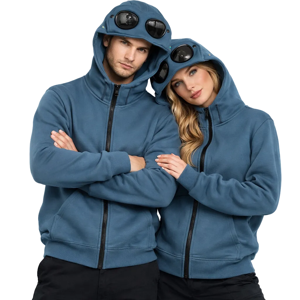 Unisex Hettegenser med Glidelås og Fleecefôr – Varm Hip-Hop Cardigan med Lue til Høst og Vinter – Blå