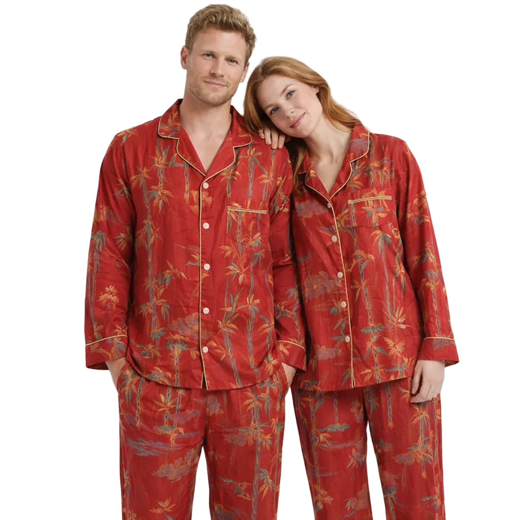 Par-Pysjamas i Bomullsmusselin (Dobbel Gasbind) – 2-delt Sett med Tynn Langermet Topp + Bukse | Vår/Sommer Loungewear – Damesett – rød