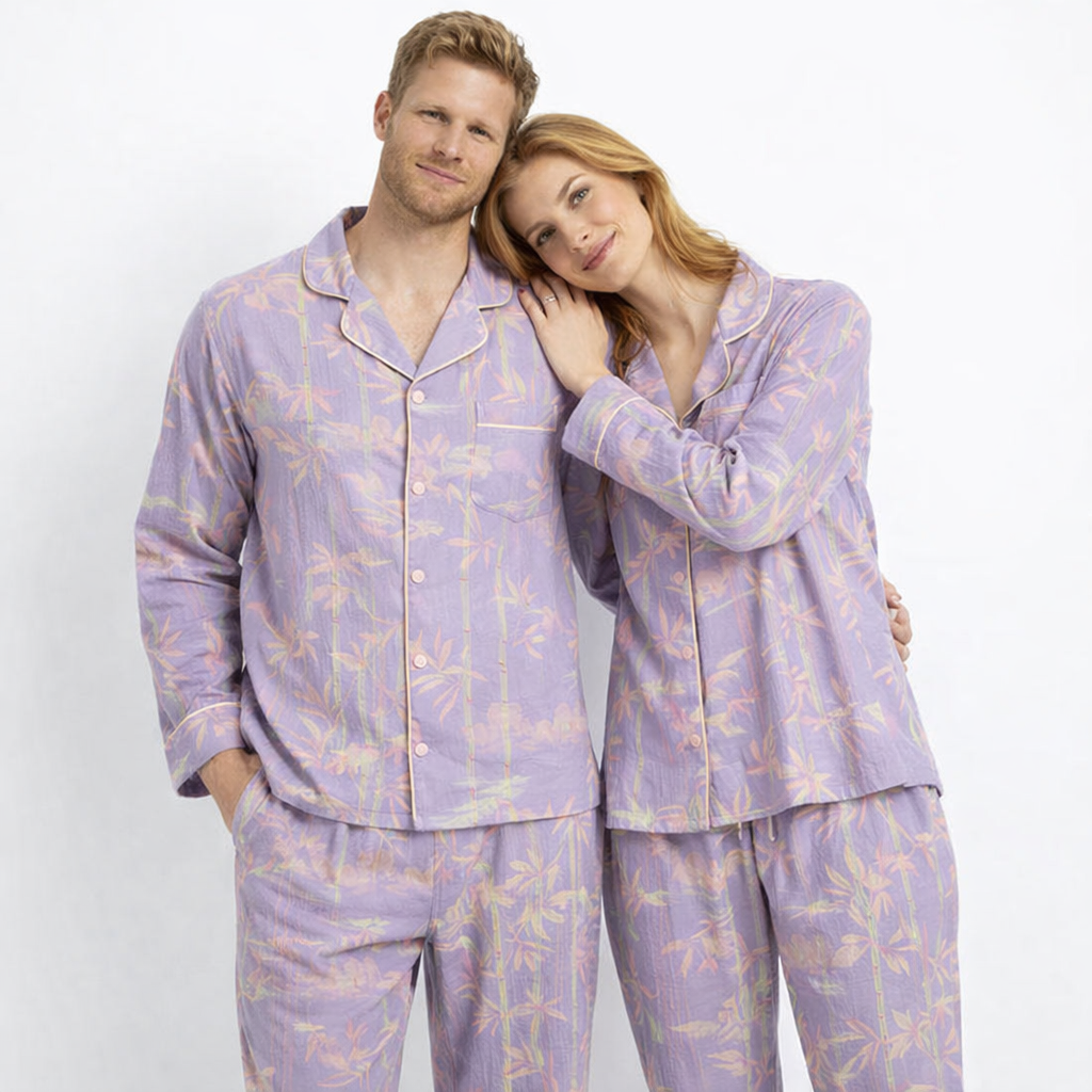 Par-Pysjamas i Bomullsmusselin (Dobbel Gasbind) – 2-delt Sett med Tynn Langermet Topp + Bukse | Vår/Sommer Loungewear