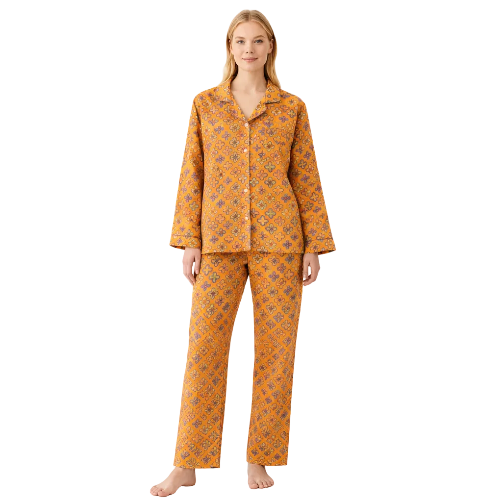 Jacquard Pysjamasett i Bomull (Garnfarget) – 2-delt Langermet Sett med Etnisk Mønster | Høst Loungewear – A