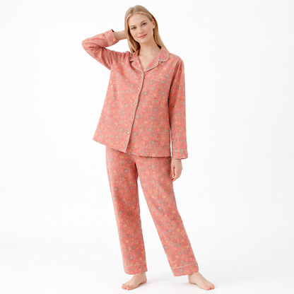 Jacquard Pysjamasett i Bomull (Garnfarget) – 2-delt Langermet Sett med Etnisk Mønster | Høst Loungewear