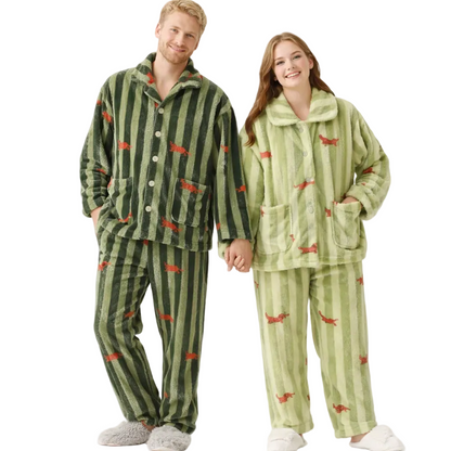 Varm Pølsehund-Pysjamas (2-delt) – Langermet Skjortetopp med Krage + Bukse | Vinter Loungewear – Dame