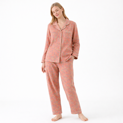 Jacquard Pysjamasett i Bomull (Garnfarget) – 2-delt Langermet Sett med Etnisk Mønster | Høst Loungewear