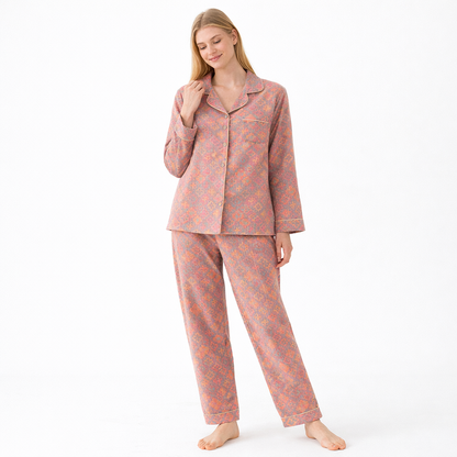 Jacquard Pysjamasett i Bomull (Garnfarget) – 2-delt Langermet Sett med Etnisk Mønster | Høst Loungewear