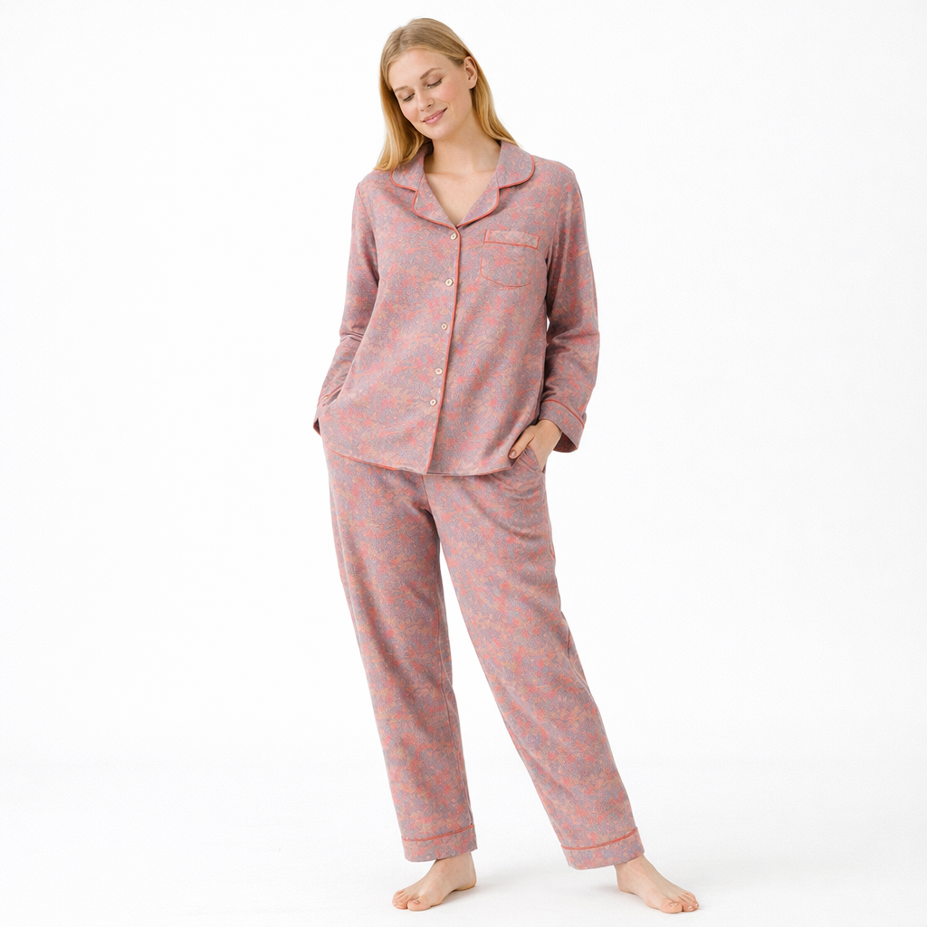 Jacquard Pysjamasett i Bomull (Garnfarget) – 2-delt Langermet Sett med Etnisk Mønster | Høst Loungewear