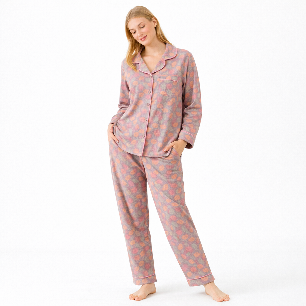 Jacquard Pysjamasett i Bomull (Garnfarget) – 2-delt Langermet Sett med Etnisk Mønster | Høst Loungewear