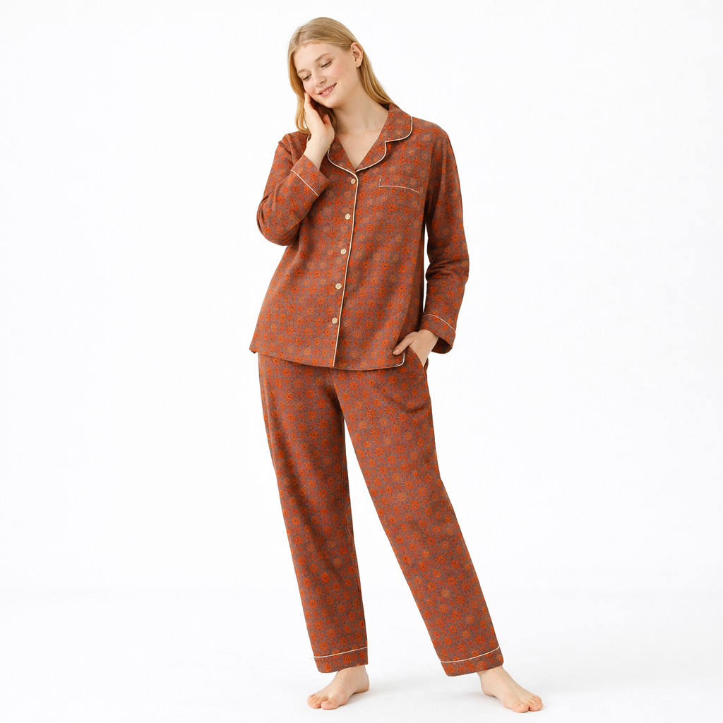 Jacquard Pysjamasett i Bomull (Garnfarget) – 2-delt Langermet Sett med Etnisk Mønster | Høst Loungewear
